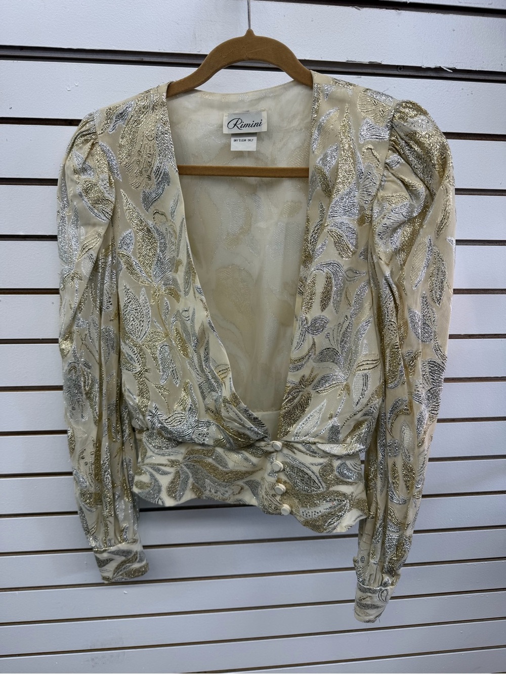 Vintage Rimini Metallic Gold Silver Brocade Puff Sleeve Evening Blouse M